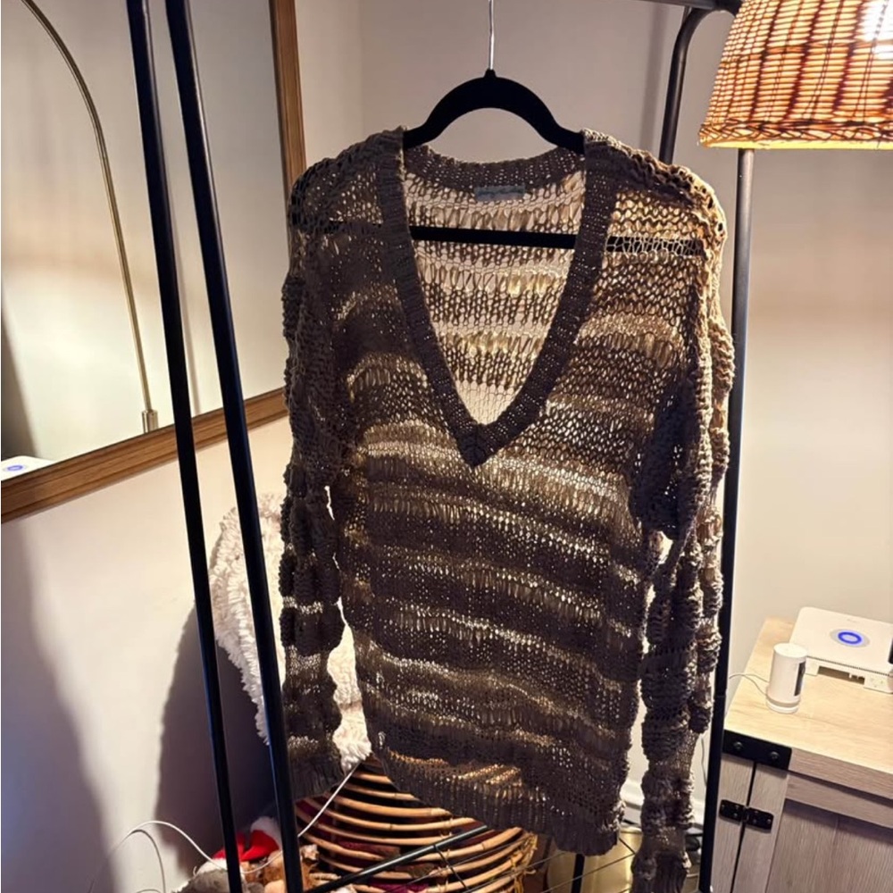 Open Knit V-Neck Sweater in Olive Brown